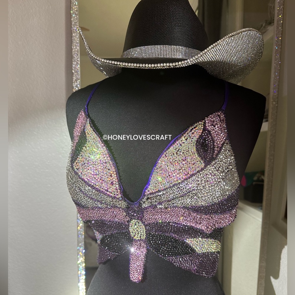💎🦋 Handmade rhinestone butterfly top perfect for any music festival or Halloween